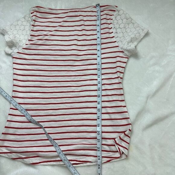 Hinge Red and White Stripe T-shirt with Lace Short Sleeves Size S - Picture 9 of 9